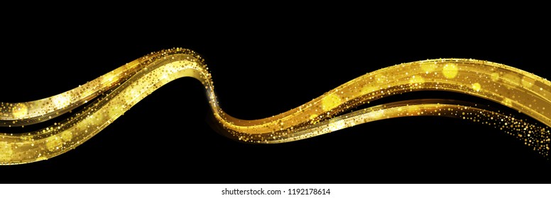 Abstract shiny color gold wave design element with glitter effect on dark background.