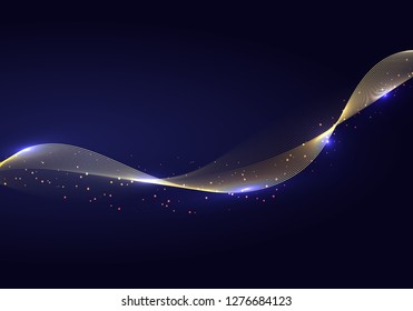 Abstract shiny color gold wave design element and glitter effect on dark background. Vector illustration