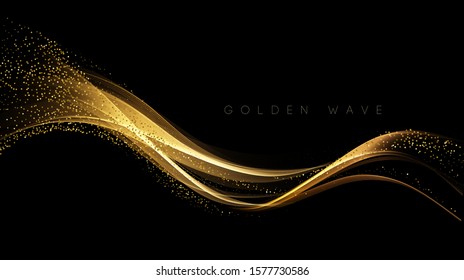 Abstract shiny color gold wave design element with glitter effect on dark background. - Shutterstock ID 1577730586