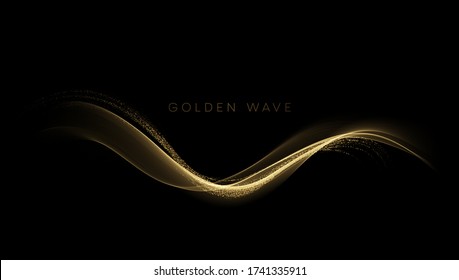 Abstract shiny color gold wave design element with glitter effect on dark background. Vector illustration EPS10