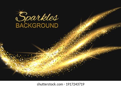 Abstract shiny color gold wave design element with glitter effect on dark background.