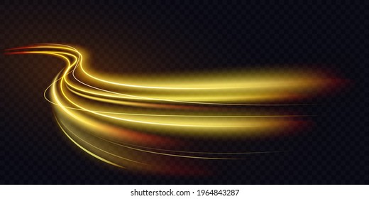Abstract shiny color gold wave light effect vector illustration. Magic golden luminous glow design element on dark background, orange and yellow luminosity, abstract neon motion glowing wavy lines
