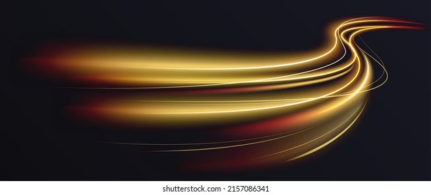 Abstract shiny color gold wave light effect vector illustration. Magic golden luminous glow design element on dark background, orange and yellow luminosity, abstract neon motion glowing wavy lines - Shutterstock ID 2157086341