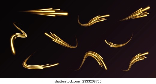 Abstract shiny color gold wave light effect. Magic golden luminous glow design. Abstract neon motion glowing wavy lines. Shiny wavy trail. Neon light effect magic. Golden glowing shiny spiral vector.