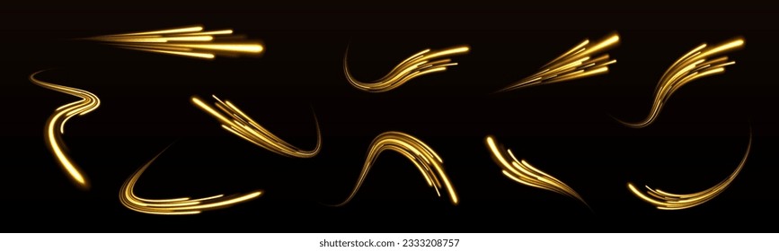 Abstract shiny color gold wave light effect. Magic golden luminous glow design. Abstract neon motion glowing wavy lines. Shiny wavy trail. Neon light effect magic. Golden glowing shiny spiral vector.