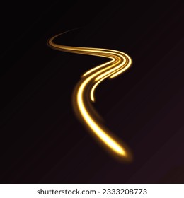 Abstract shiny color gold wave light effect. Magic golden luminous glow design. Abstract neon motion glowing wavy lines. Shiny wavy trail. Neon light effect magic. Golden glowing shiny spiral vector.