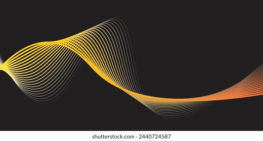 Abstract shiny color gold wave design element with glitter effect on dark background.