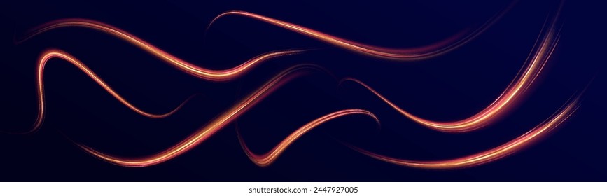 Abstract shiny color gold wave light effect vector illustration. Wavy glowing bright flowing curve lines, magic glow energy stream motion with particle isolated on transparent black background.	
