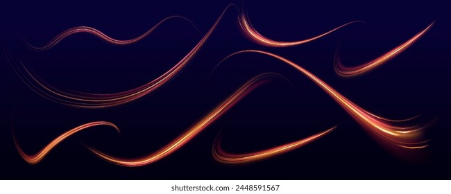 Abstract shiny color gold wave light effect vector illustration. Wavy glowing bright flowing curve lines, magic glow energy stream motion with particle isolated on transparent black background.	
