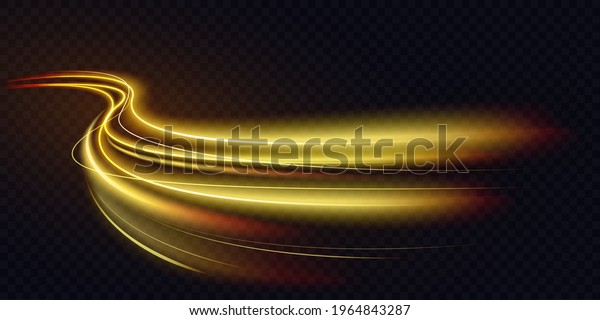 Abstract shiny color gold wave light effect vector\
illustration. Magic golden luminous glow design element on dark\
background, orange and yellow luminosity, abstract neon motion\
glowing wavy lines