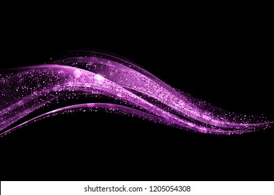 Abstract Shiny Color Purple Gold Wave Design Element With Glitter Effect On Dark Background.