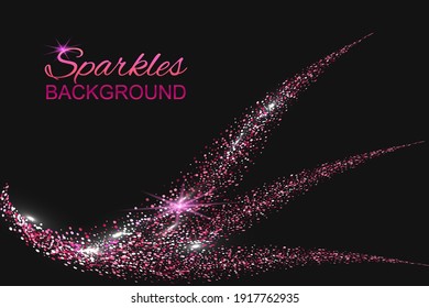 Abstract shiny color purple wave design element with glitter effect on dark background