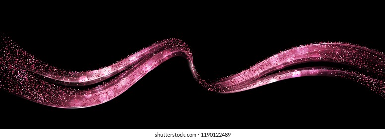 Abstract shiny color rose gold wave design element with glitter effect on dark background.