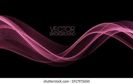 Abstract shiny color rose gold wave design element with glitter effect on dark background.