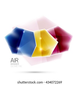 Abstract shiny colorful geometric composition flying on white background