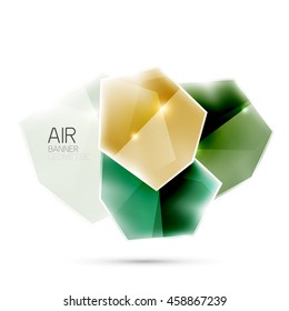 Abstrakte, glänzende, farbige geometrische Zusammensetzung, die auf weißem Hintergrund fliegt