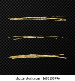 Abstract shiny confetti glittering waves. Set of three hand drawn brush golden strokes on black transparent background. Vector illustration