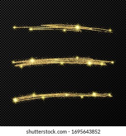 Abstract shiny confetti glittering waves. Set of three hand drawn brush golden strokes on black transparent background. Vector illustration