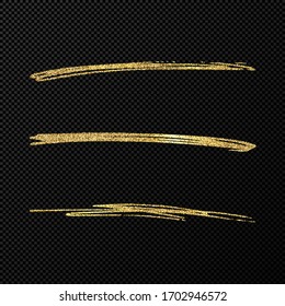 Abstract shiny confetti glittering waves. Set of three hand drawn brush golden strokes on black transparent background. Vector illustration