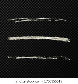 Olas brillantes de confeti abstracto. Conjunto de tres pinceladas de plata dibujadas a mano sobre fondo transparente negro. Ilustración del vector