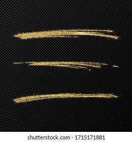 Abstract shiny confetti glittering waves. Set of three hand drawn brush golden strokes on black transparent background. Vector illustration