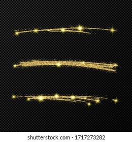 Abstract shiny confetti glittering waves. Set of three hand drawn brush golden strokes on black transparent background. Vector illustration
