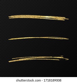 Abstract shiny confetti glittering waves. Set of three hand drawn brush golden strokes on black transparent background. Vector illustration