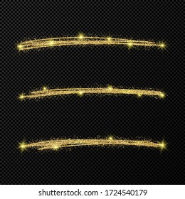 Abstract shiny confetti glittering waves. Set of three hand drawn brush golden strokes on black transparent background. Vector illustration