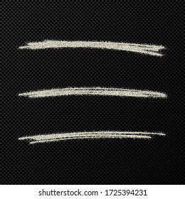 Abstract shiny confetti glittering waves. Set of three hand drawn brush silver strokes on black transparent background. Vector illustration