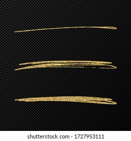 Des vagues étincelantes de confettis abstraits brillants. Ensemble de trois traits dorés de brosse dessinés à la main sur fond noir transparent. Illustration vectorielle