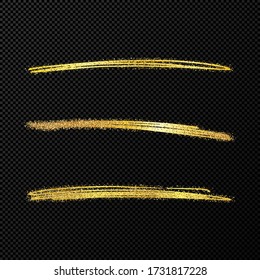 Abstract shiny confetti glittering waves. Set of three hand drawn brush golden strokes on black transparent background. Vector illustration