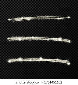 Abstract shiny confetti glittering waves. Set of three hand drawn brush silver strokes on black transparent background. Vector illustration