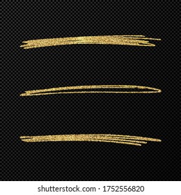 Abstract shiny confetti glittering waves. Set of three hand drawn brush golden strokes on black transparent background. Vector illustration