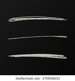 Abstract shiny confetti glittering waves. Set of three hand drawn brush silver strokes on black transparent background. Vector illustration