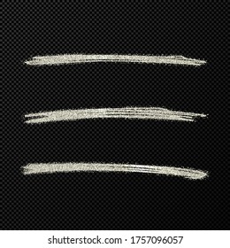 Abstract shiny confetti glittering waves. Set of three hand drawn brush silver strokes on black transparent background. Vector illustration