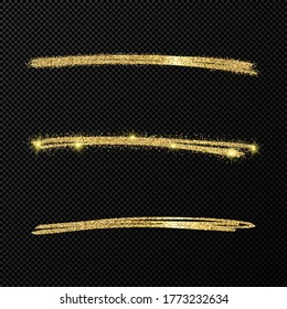 Abstract shiny confetti glittering waves. Set of three hand drawn brush golden strokes on black transparent background. Vector illustration