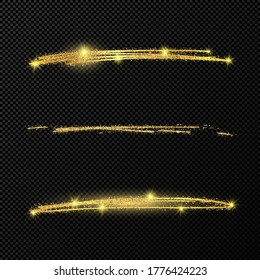 Resumen de brillantes olas de confeti brillantes. Conjunto de tres pinceladas de oro de pincel dibujado a mano sobre fondo transparente negro. Ilustración del vector