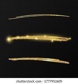 Abstrakte glänzende Konfetti glitzernde Wellen. Satz von drei handgezeichneten, goldenen Pinselstrichen auf schwarz-transparentem Hintergrund. Vektorgrafik