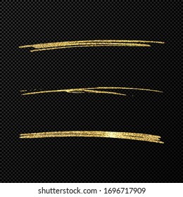 Abstract shiny confetti. Set of three hand drawn brush golden strokes on black transparent background. Vector illustration