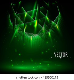 Abstract shiny dark background. Glowing lights effect. Vector graphic design.