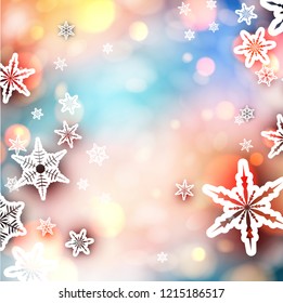 Abstract shiny festive, New Year, Christmas or winter card with beautiful snowflakes. Bokeh effect. Vector background.