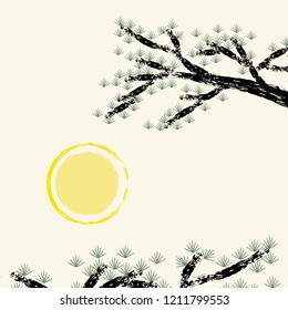 Abstract shiny full moon with pine trees background, oriental style