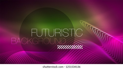 Abstract shiny glowinng color wave design element on dark background - science or technology concept, vector