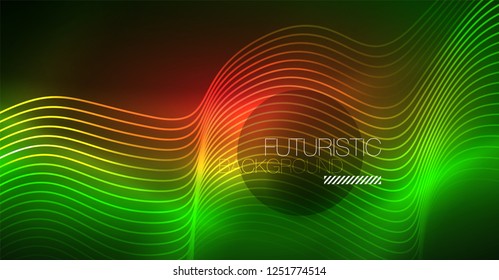 Abstract shiny glowinng color wave design element on dark background - science or technology concept, vector