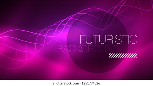 Abstract shiny glowinng color wave design element on dark background - science or technology concept, vector
