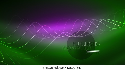 Abstract shiny glowinng color wave design element on dark background - science or technology concept, vector