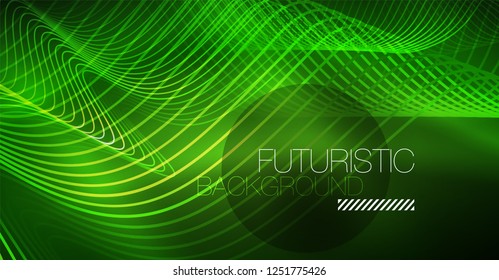 Abstract shiny glowinng color wave design element on dark background - science or technology concept, vector