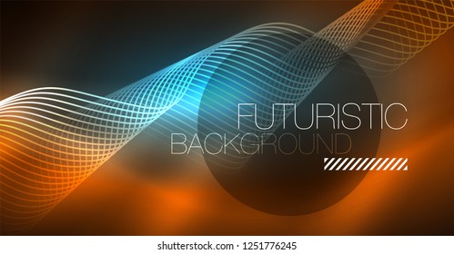 Abstract shiny glowinng color wave design element on dark background - science or technology concept, vector