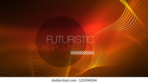 Abstract shiny glowinng color wave design element on dark background - science or technology concept, vector
