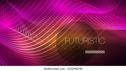 Abstract shiny glowinng color wave design element on dark background - science or technology concept, vector